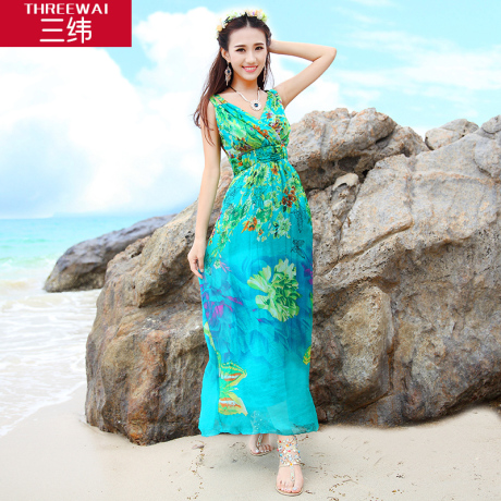 三纬2017夏新款女波西米亚真丝连衣裙桑蚕丝长裙时尚欧美V领印花商品大图