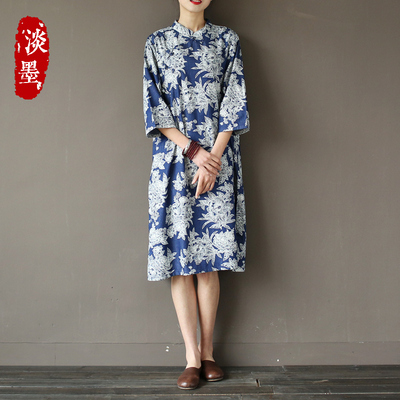 2016春夏季民族风复古印花盘扣连衣裙文艺范