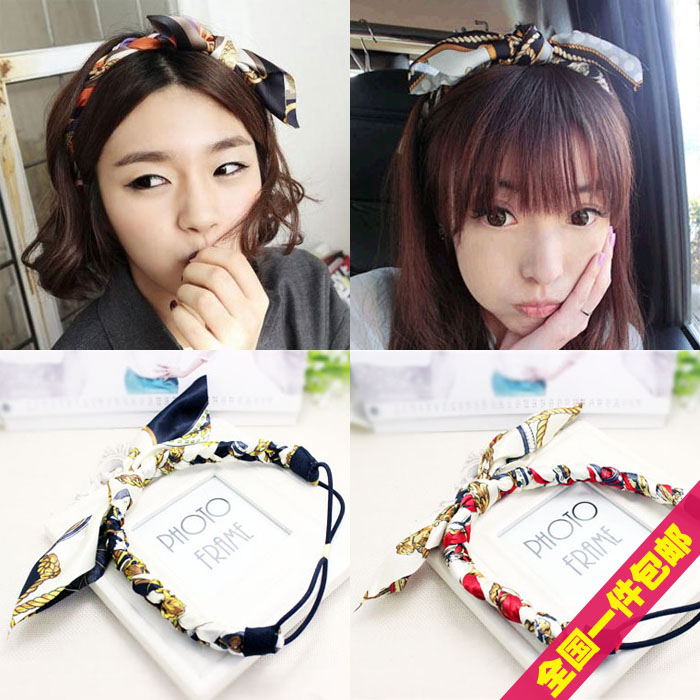 韩国布艺兔耳朵发带头带 麻花辫子头饰 丝带绸缎蝴蝶结宽边发箍