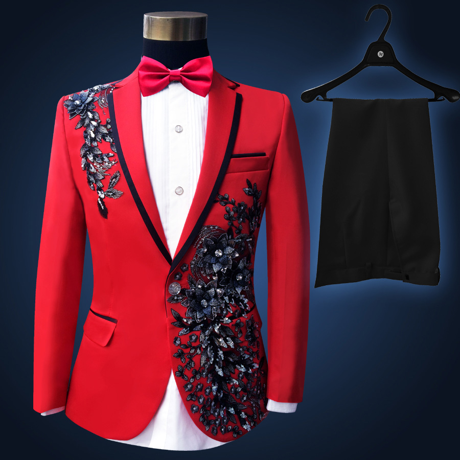 Suit Self cultivation bright red Embroidery singer Jubilation Wedding dress Sequins Master of ceremonies Piano play stage showin the Men's clothing, Suits category - from Buy2taobao.com to provide professional Taobao agent buy service