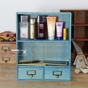 复古做旧地中海蓝色木质桌面收纳盒壁挂收纳柜化妆品储物 带抽屉