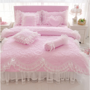 韩版简约欧式莫代尔四件套全棉纯棉韩式床罩式粉色蕾丝床上用品