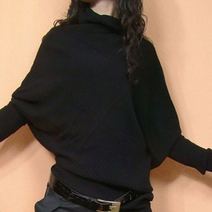 春秋韩版宽松显瘦女不规则毛衣针织衫蝙蝠衫堆堆，领线衣打底衫外套