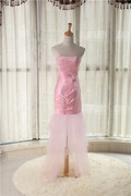 洛森d023粉红色纱裙晚礼服，鱼尾新娘结婚敬酒服伴娘外贸原单后绑带