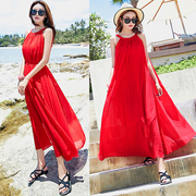 大红色连衣裙女夏季性感露肩吊带长裙波西米亚海边度假沙滩裙