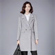 春秋冬季韩版中长款简约淑女双排扣灰色毛呢子外套大衣女装