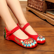 老北京布鞋夏季款圆头，莲花绣花鞋平底鞋，民族风内增高红色舞蹈单鞋