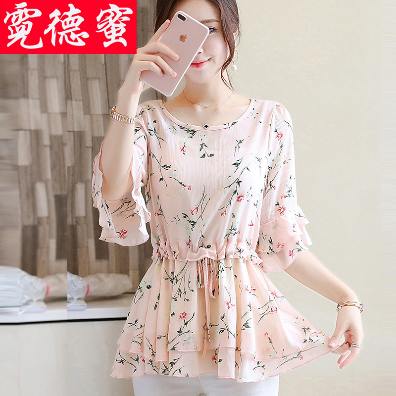 2019新款中长春夏装遮肚子很仙的雪纺女上衣短袖收腰气质洋气小衫在类目 女装/女士精品, 蕾丝衫/雪纺衫中 - 来自Buy2taobao.com提供专业的淘宝代购服务