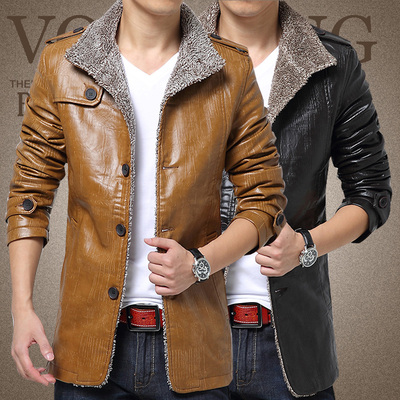 男装冬季保暖海宁男士PU皮衣中长款修身机车皮商务休闲风衣男外套