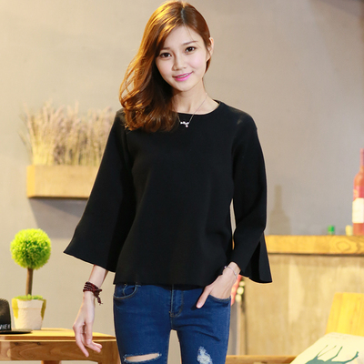 2016春装新款女装韩版大码宽松圆领针织衫短