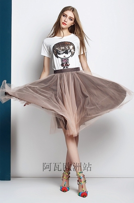 标题优化:韩版2015夏季女装亮片短袖T恤百褶网纱半身裙两件时尚套装特价