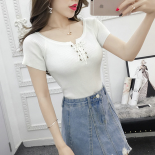 夏季女装韩版批发胸前交叉绑带短款T恤套头纯色短袖针织衫潮