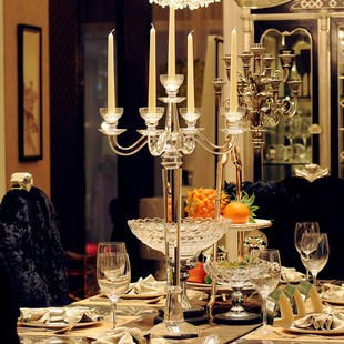 欧式浪漫水晶五头蜡烛台样板房，软装西餐厅婚庆婚礼，餐桌烛台摆件
