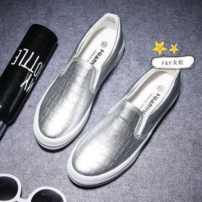 女鞋夏季低帮套脚鞋女厚底韩版PU皮银色单鞋一脚蹬女学生鞋懒人鞋