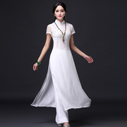 中式复古套装双层连衣裙越南奥黛复古旗袍渡假雪纺长裙搭配长裤