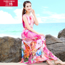 三纬2019夏新款波西米亚度假真丝连衣裙女时尚印花风格圆领长裙图片