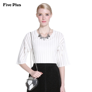 FivePlus2016新女夏装纯色条纹宽松插肩袖圆领套头衫2HF2036050