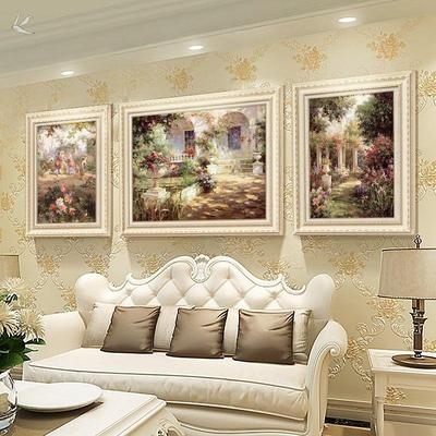 数字油画三联画客厅，沙发背景装饰画餐厅大气，美式墙画花园风景挂画