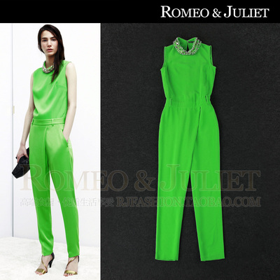 【设计师】2014夏装欧美女装新款 时尚立领钉珠荧光绿修身连体裤
