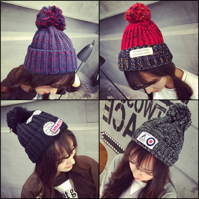 韩国冬季百搭毛线帽子女韩版潮黑色贴布加厚保暖套头针织帽秋冬天