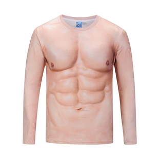 创意搞笑纹身肌肉衣服潮男t恤3d立体图案个性，假腹肌胸肌肉长袖t恤