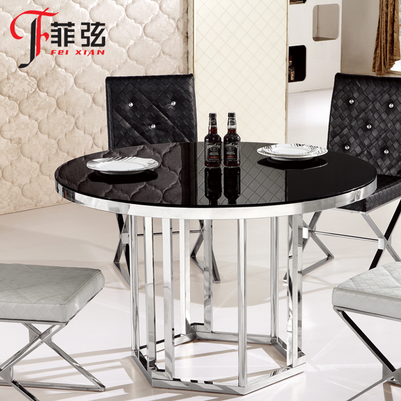 菲弦 现代简约钢化玻璃 不锈钢圆形餐桌椅组合 后现代创意餐桌椅