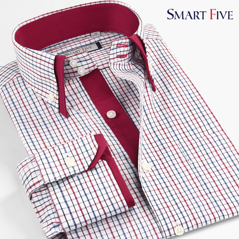 【清仓】SmartFive 春装修身双层领商务衬衫休闲格纹男士长袖衬衣