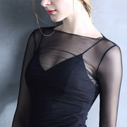 透明黑色网纱打底衫女长袖性感，内搭罩衫薄纱，透视一字肩蕾丝上衣潮