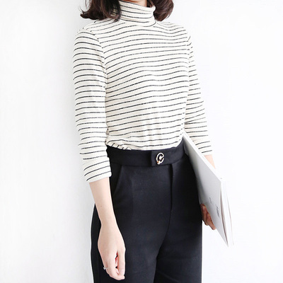 LISA家韩版百搭高领长袖T恤女秋冬新款修身显瘦条纹打底衫上衣潮