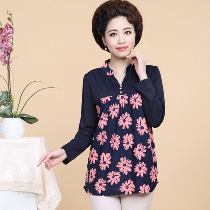 新款中老年女装韩版长袖T恤妈妈装秋装立领宽松上衣时尚棉t恤大码