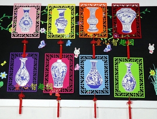 幼儿园小学校教室走廊青花瓷，民族风挂饰，不织布环创布置装饰材料
