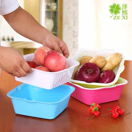 2014时尚居家用品 塑料双层洗菜篮 果蔬筛 滴水箩 蔬菜水果沥水篮