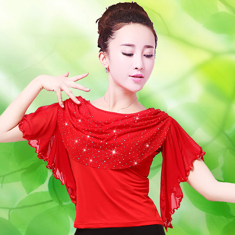 潮女士拉丁舞蹈练功服装 广场舞演出褶皱亮纱短袖上衣 交谊舞服在类目 运动/瑜伽/健身/球迷用品, 舞蹈/健美操/体操, 拉丁舞, 拉丁舞上装中 - 来自Buy2taobao.com提供专业的淘宝代购服务