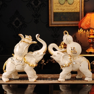 欧式客厅招财大象摆件陶瓷一对摆设家居装饰品，如意大象风水工艺品