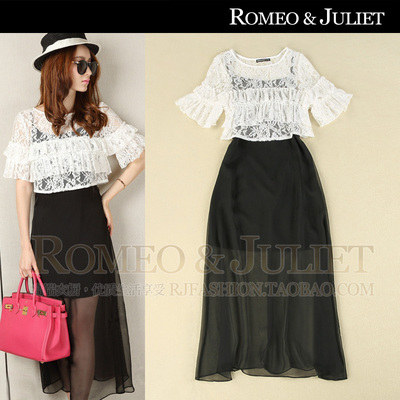 【欧洲站】2014夏季女装新款 黑色吊带长裙+白色蕾丝丝两件套装