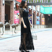 女装连衣裙蕾丝连衣裙超长款，短袖夏季圆领黑色，裙子长裙两件套
