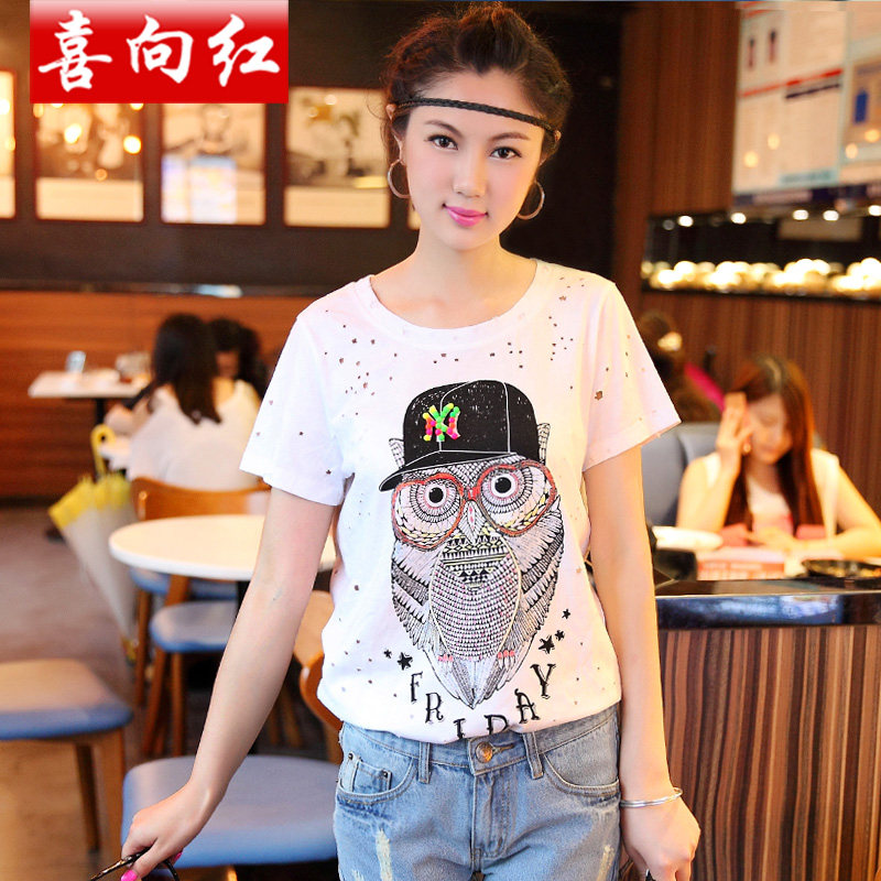喜向红 2014夏季新款女装韩版时尚宽松大码猫头鹰印花图案短袖T恤