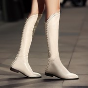 韩版真皮单靴子女春秋，款长靴高筒靴平跟真皮，牛皮女靴瘦腿白色