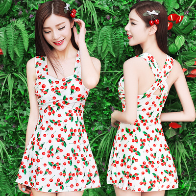 2016新款连体裙式保守遮肚平角女泳装 小胸钢托聚拢泡温泉游泳衣