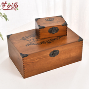 木箱子复古带锁收纳盒长方形实木收藏盒桌面整理小木盒密码储物箱