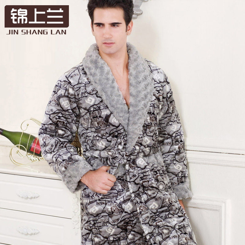 锦上兰男士睡袍冬季法兰绒珊瑚绒夹棉男式加厚家居服长袖加肥加大