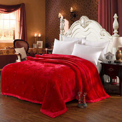 标题优化:正品拉舍尔毛毯双层加厚素色大红毯秋冬季保暖绒毯婚庆盖毯子包邮