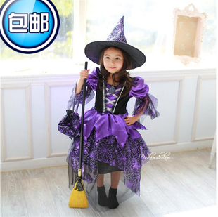 万圣节Cosplay蜘蛛女巫儿童服装 紫色蜘蛛女巫表演服 女巫演出服