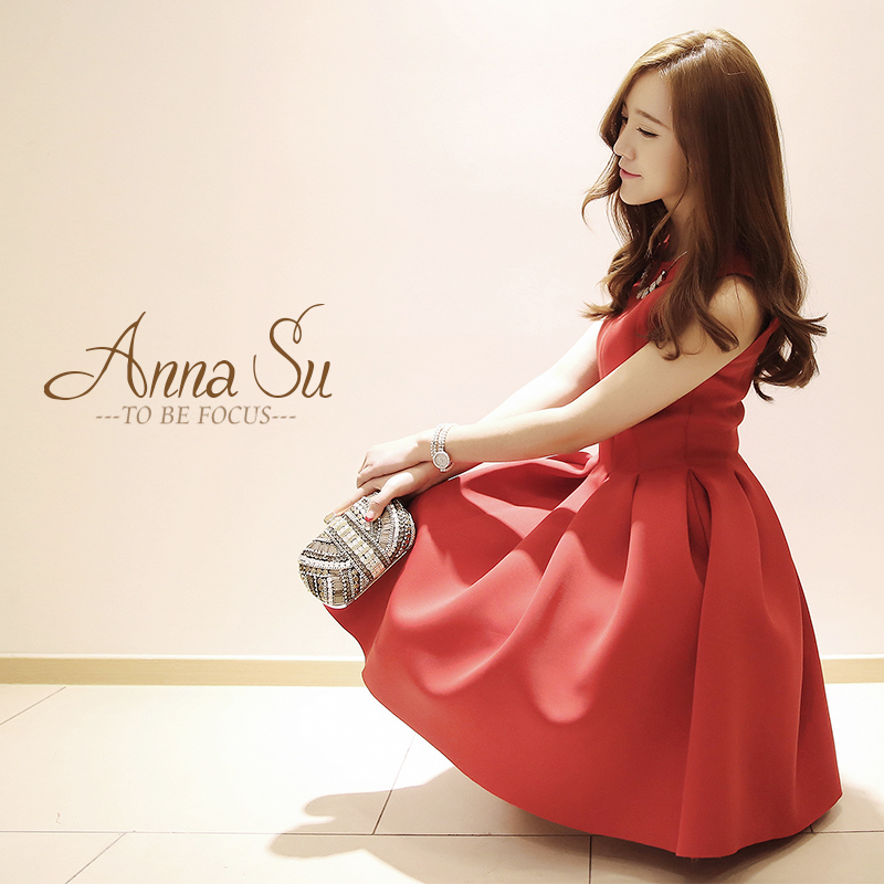 【裙子】AnnaSu 2014韩版夏装新款女装红色无袖中高腰蓬蓬裙连衣裙女