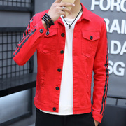 韩版潮男红色牛仔外套春季个性破洞修身bf青少年夹克外穿上衣