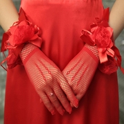 新娘旗袍婚纱礼服手套红色短款蕾丝带指手套结婚半透指新娘手套