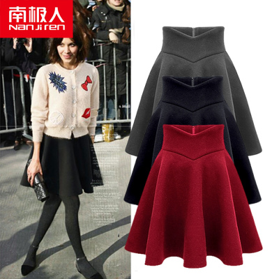 南极人高腰毛呢半身裙秋冬款中长百褶裙蓬蓬裙