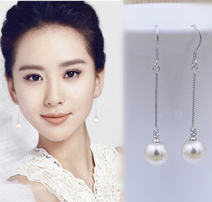 925纯银耳环耳钩耳线母贝珍珠，耳钉长款耳坠韩国耳饰结婚银饰品女