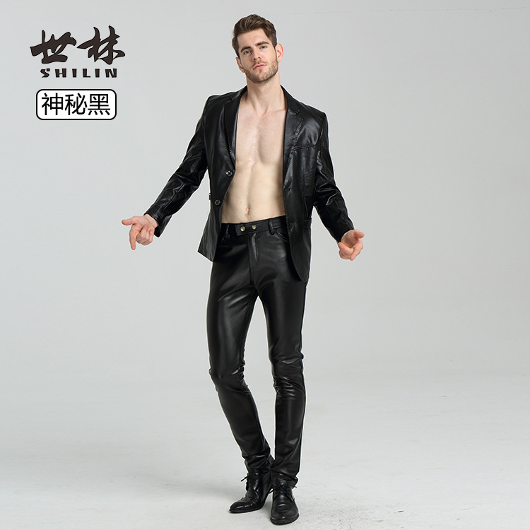 皮裤男修身小脚裤韩版潮青年摩托拼接PU皮机车夜店紧身春秋休闲裤在类目 男装, 皮裤中 - 来自Buy2taobao.com提供专业的淘宝代购服务