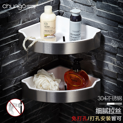 304不锈钢拉丝洗澡间卫生间淋浴房浴室2层三角化妆品置物架免打孔
